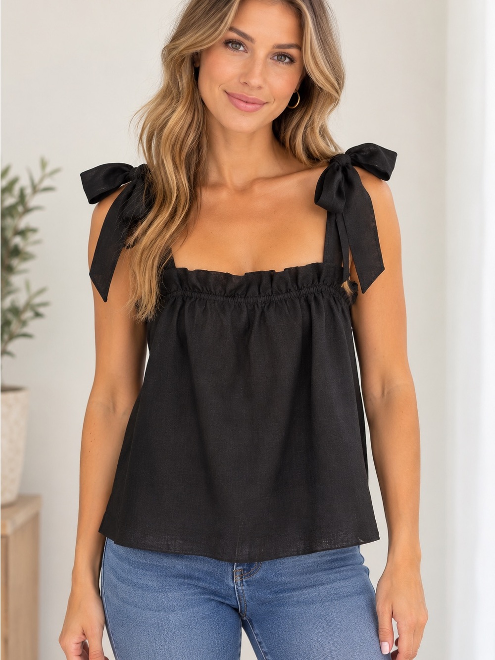 J.Crew Black Linen Tie-Shoulder Top – Size Large